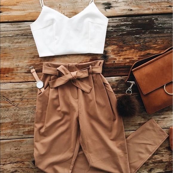 2 Pcs White Crop Top w/ Brown Tan Pants - Picture 3 of 4