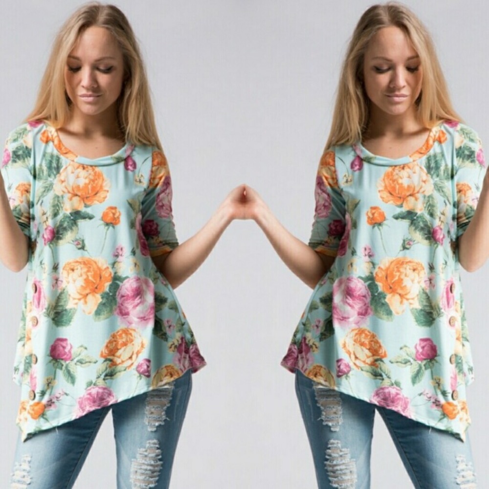 Light Blue Floral Asymmetrical Top