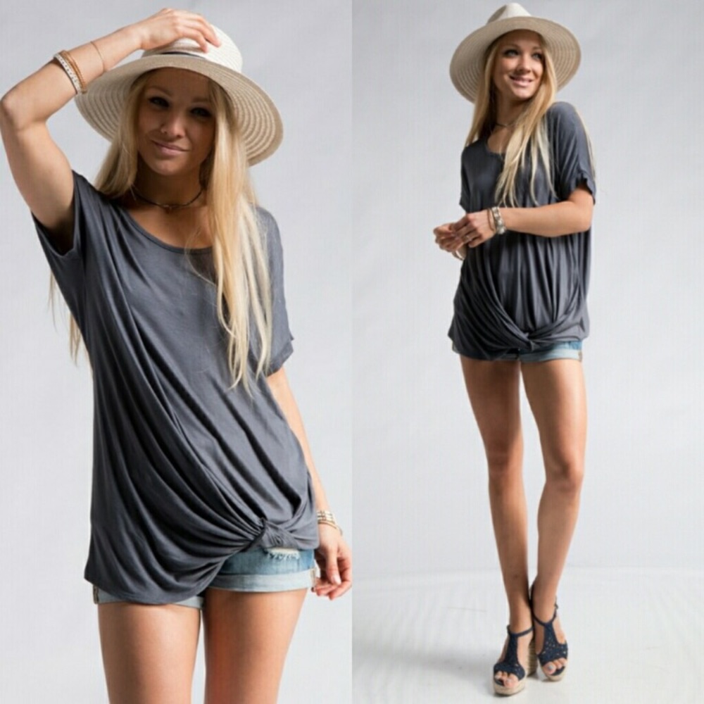 Charcoal Short Dolman Sleeve Knotted Top