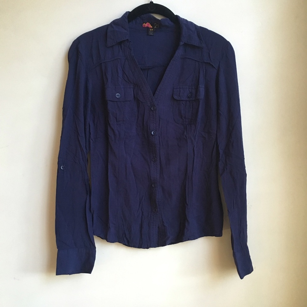 NEW Forever 21 Navy Button Up V-Neck Blouse