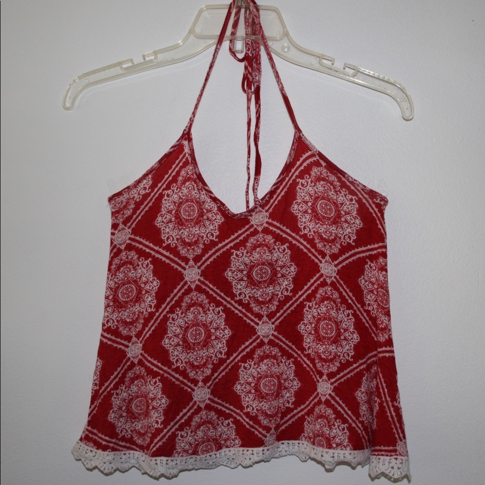 Full Tilt Red Pattern Halter Top W/ Lace Trim