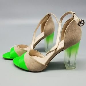 Tan / Neon Green Accent Chunky High Heel Sandals