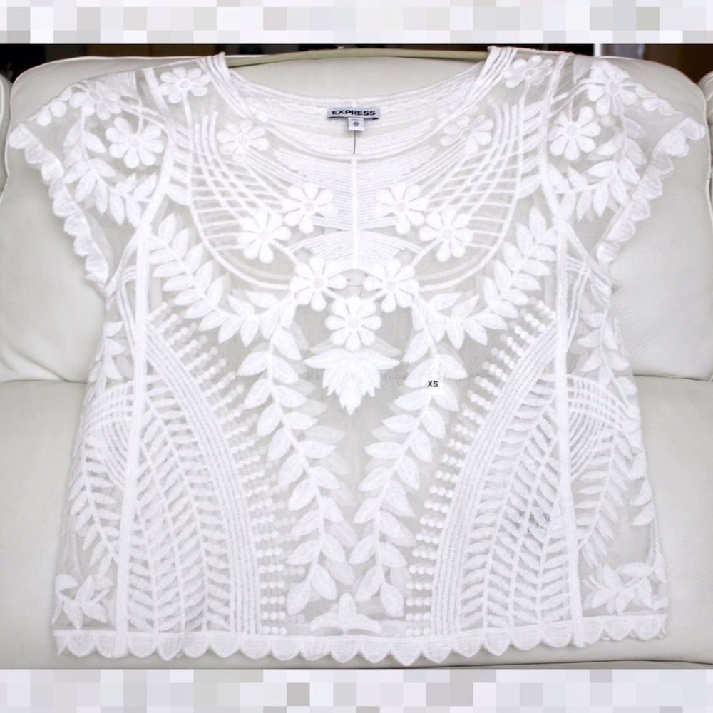 Express Short Sleeve Baroque Lace Tee - White