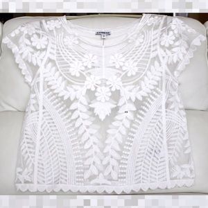 Express Short Sleeve Baroque Lace Tee - White
