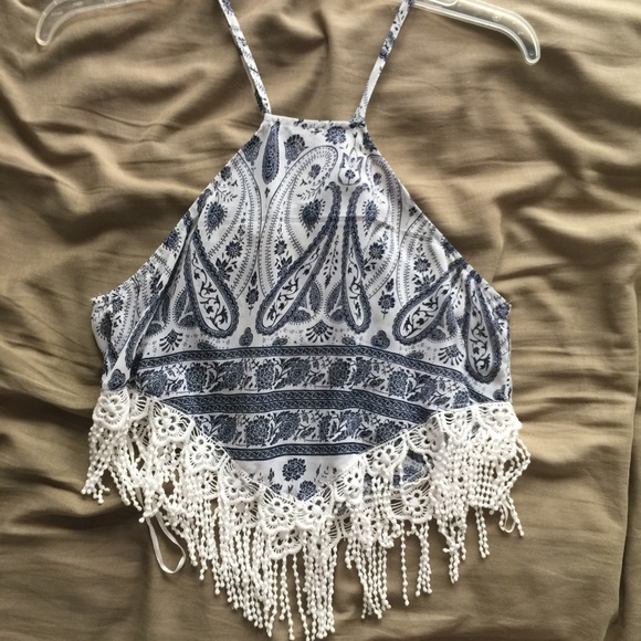 Paisley Crochet Halter Handkerchief Boho Crop Top - Picture 3 of 9