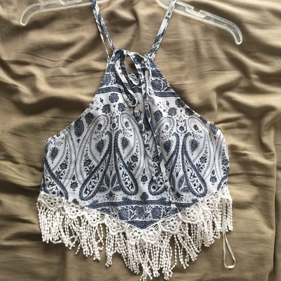 Paisley Crochet Halter Handkerchief Boho Crop Top - Picture 5 of 9