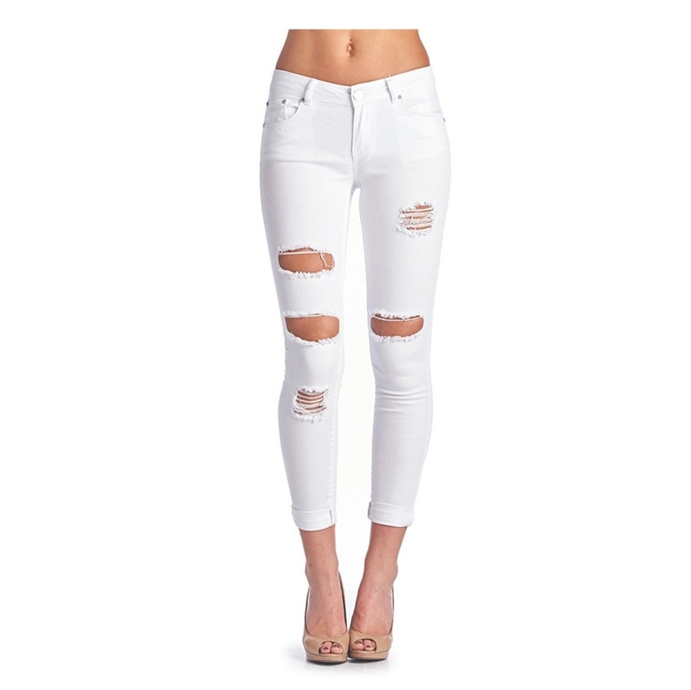 White Blue Age heavy distressed skinnys