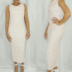 Peach Lace Tea Length Pencil Dress