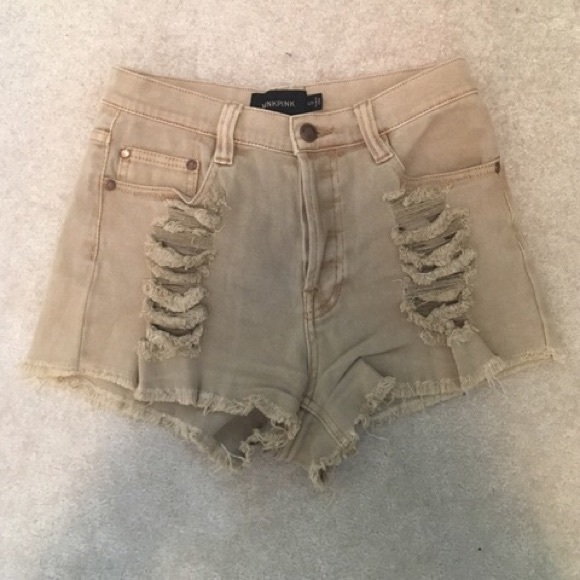 MINKPINK Pants - MINKPINK Tan High Waisted Slasher Shorts