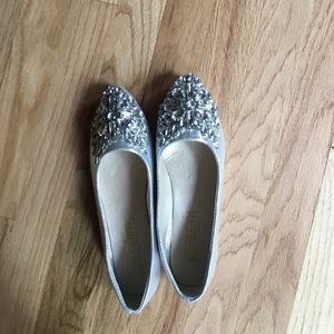 Silver jeweled slip ons