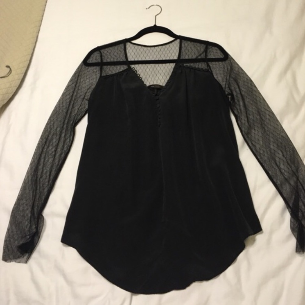 Bcbg black silk blouse with lace sleeves size m