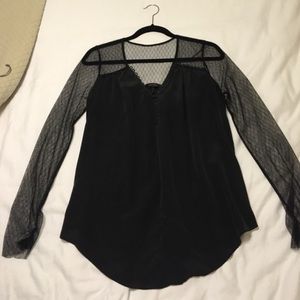 Bcbg black silk blouse with lace sleeves size m