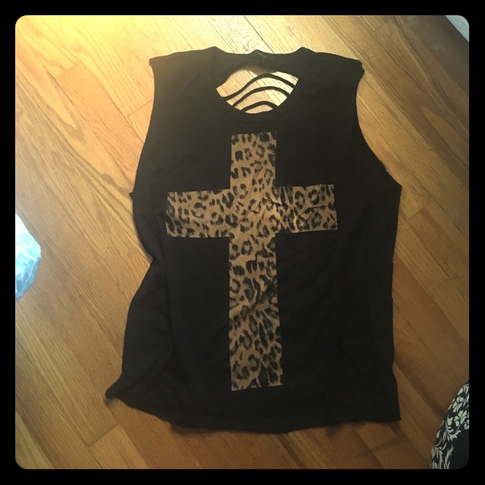 F21 black tank w cheetah print and cutout back