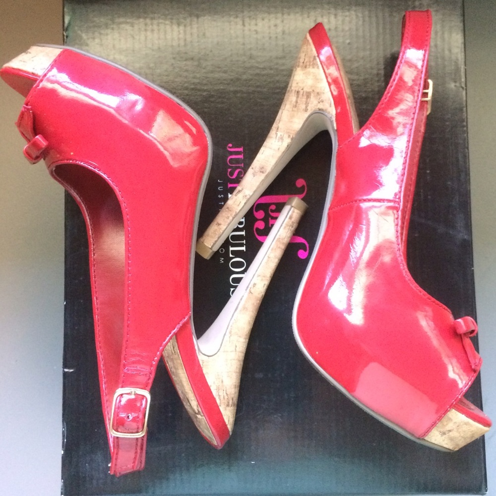JustFab - Red patent faux leather heels, cork heel