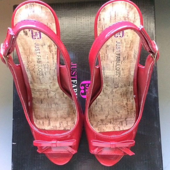 JustFab - Red patent faux leather heels, cork heel - Picture 2 of 4
