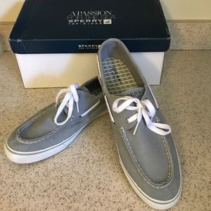 Grey sperry shoes