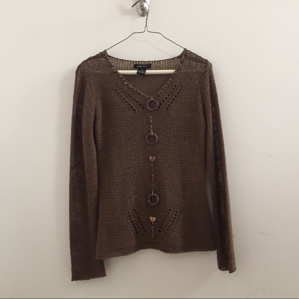 BCBG Brown  Beaded Crotched Long Sleeve Sweater