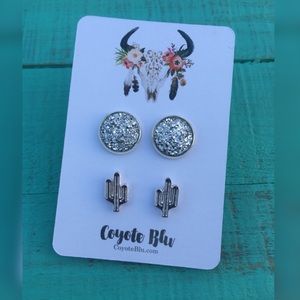 Earring Set - Silver Druzy &  Cactus Studs