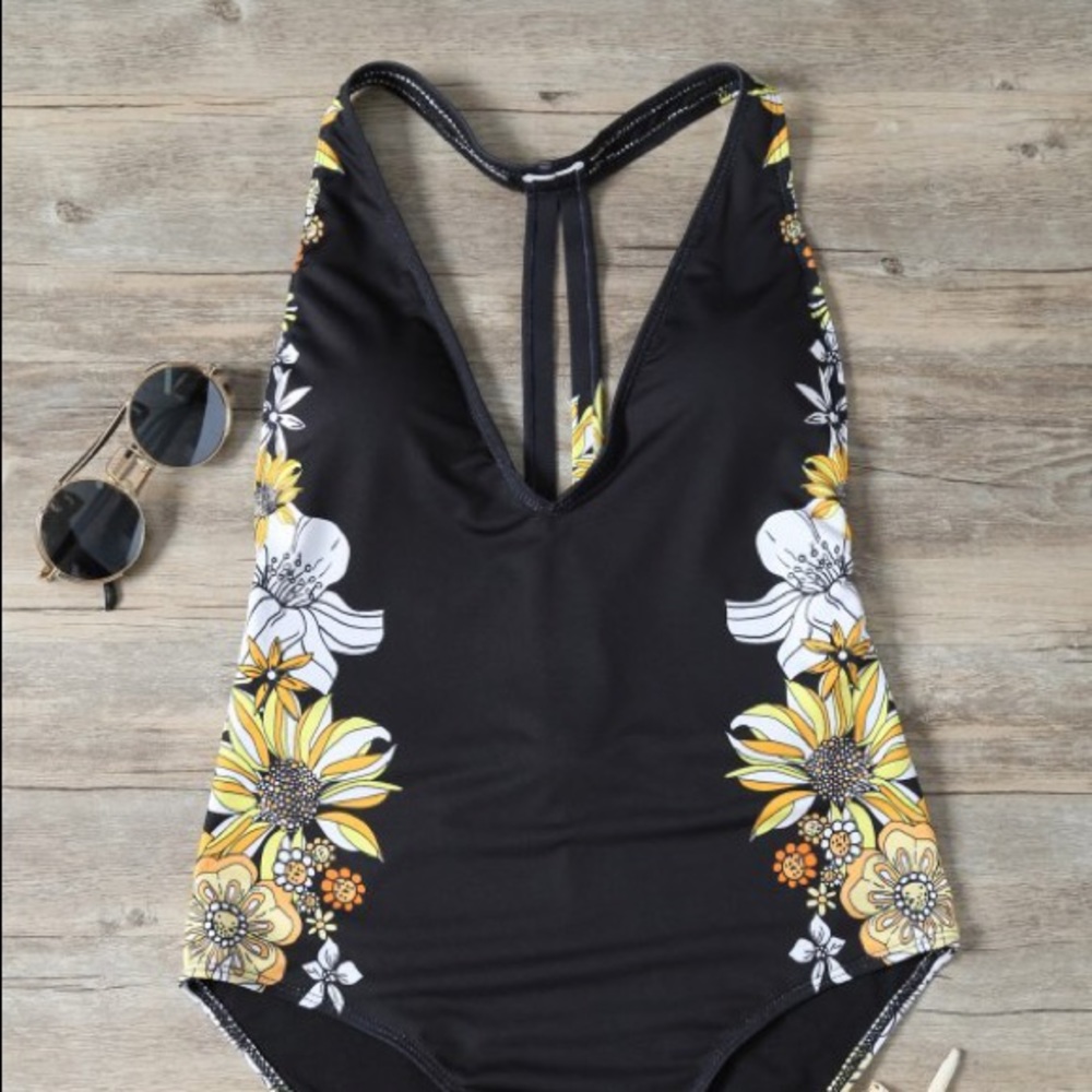 Sunflower print plunge swimsuit