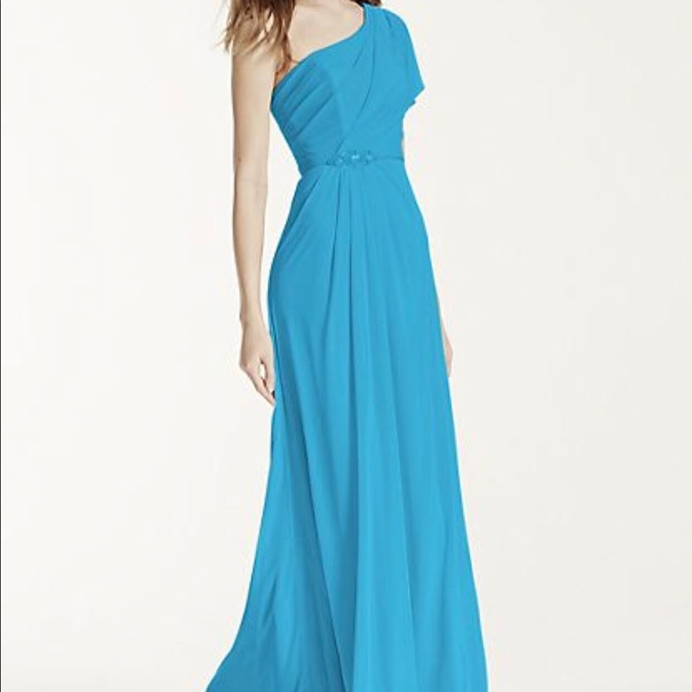 Malibu Blue Asymmetrical Neck Beaded Dress