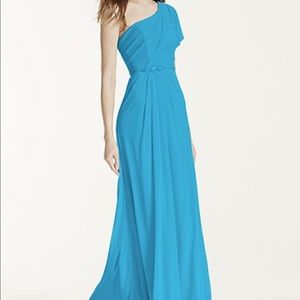 Malibu Blue Asymmetrical Neck Beaded Dress
