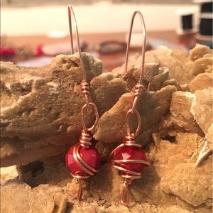Red carnelian  copper wire wrapped earrings