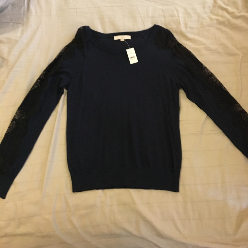 LOFT navy sweater with lace-embellished sleeves