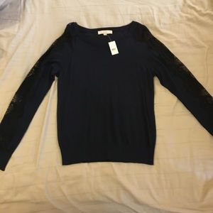 LOFT navy sweater with lace-embellished sleeves
