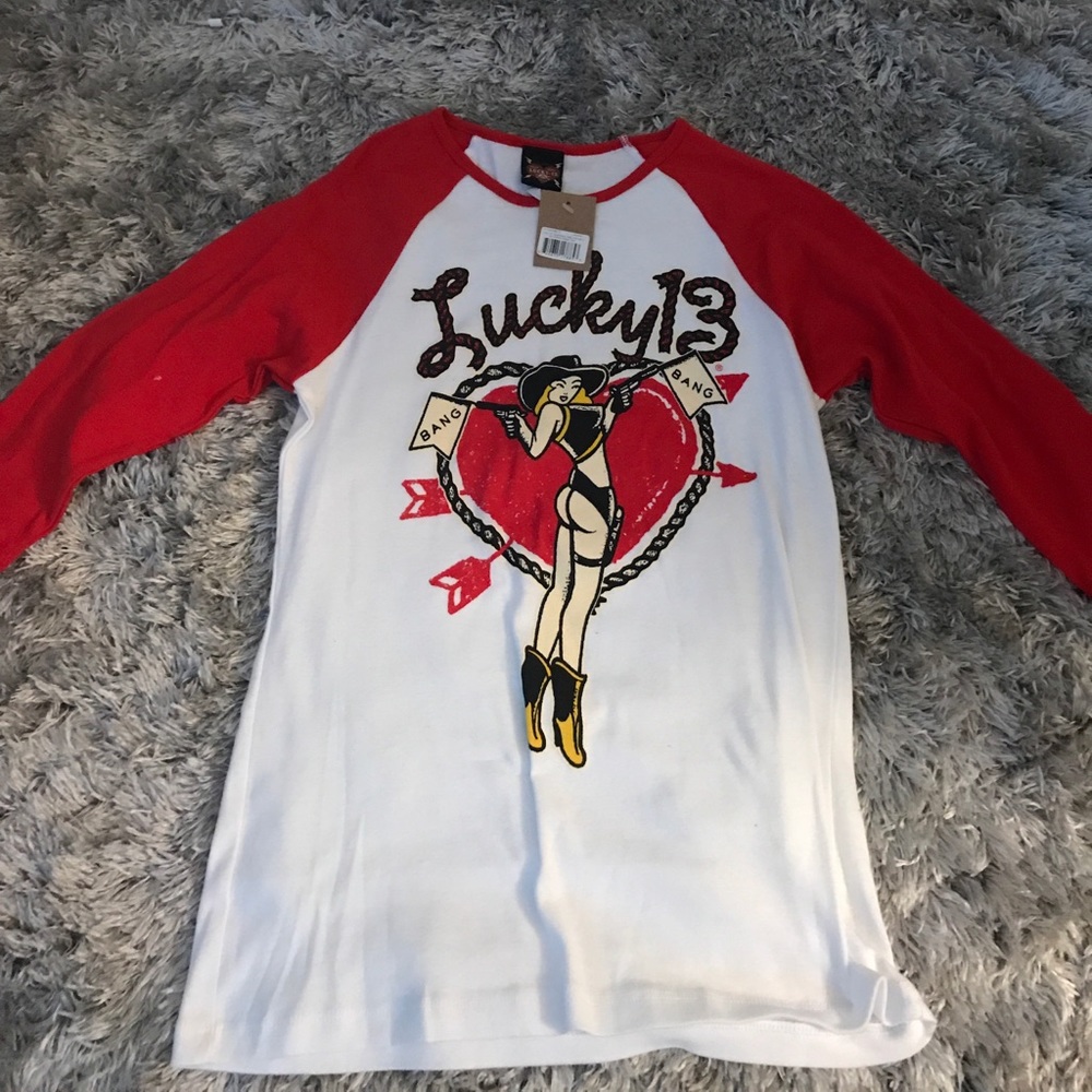 Lucky 13, red and white baseball tee.