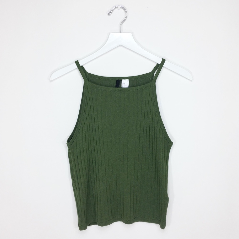 H&M Olive Green Ribbed High Neck Crop Top Tank