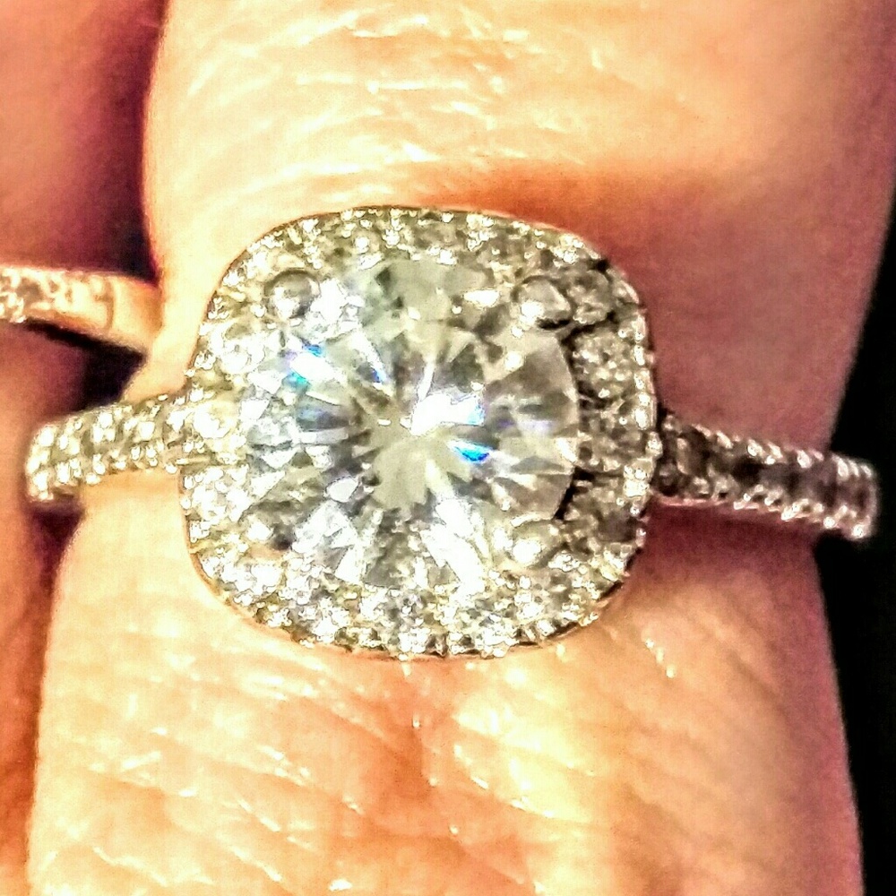 White Sapphire surrounded by diamonds Sterling Sil