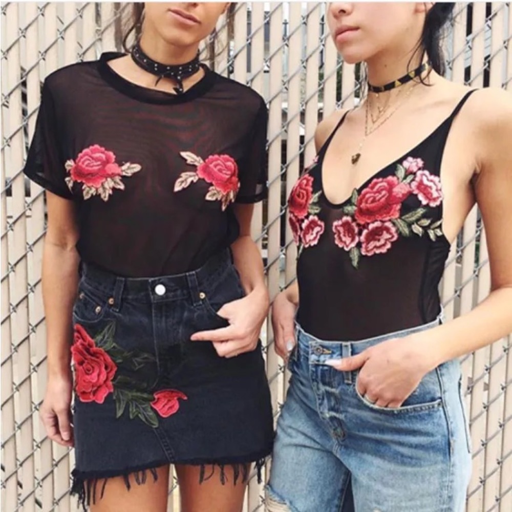 New Floral Embroidered Mesh Black Bodysuit - Picture 5 of 6