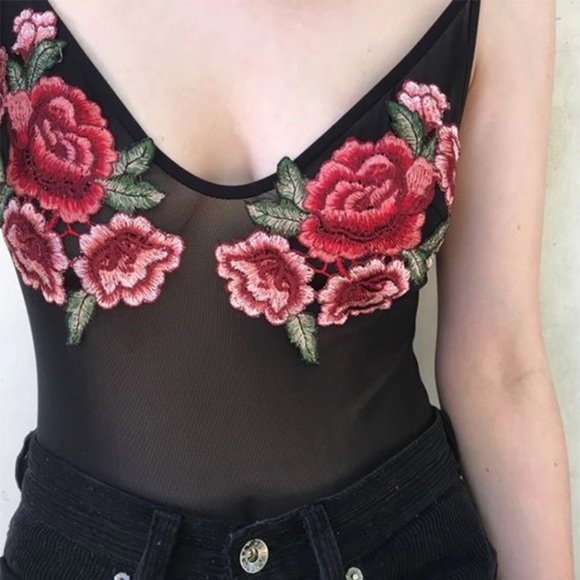 New Floral Embroidered Mesh Black Bodysuit - Picture 4 of 6