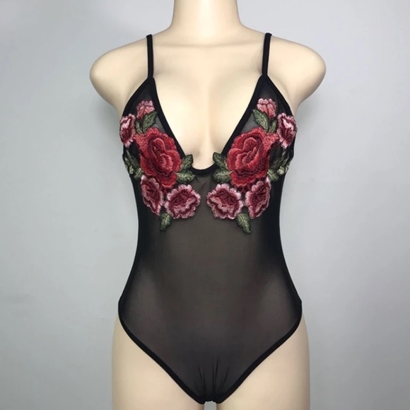 New Floral Embroidered Mesh Black Bodysuit - Picture 6 of 6