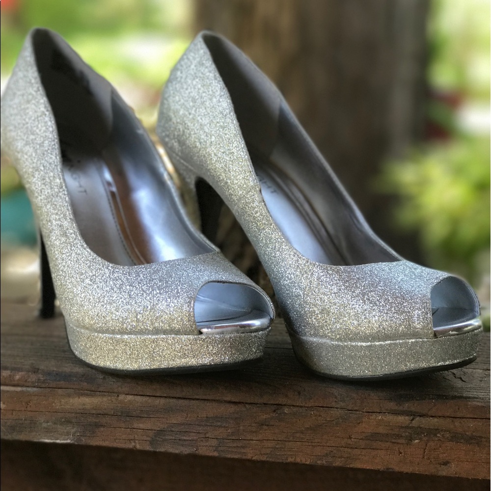 Fioni Night Silver Glitter Open Toe Stilettos