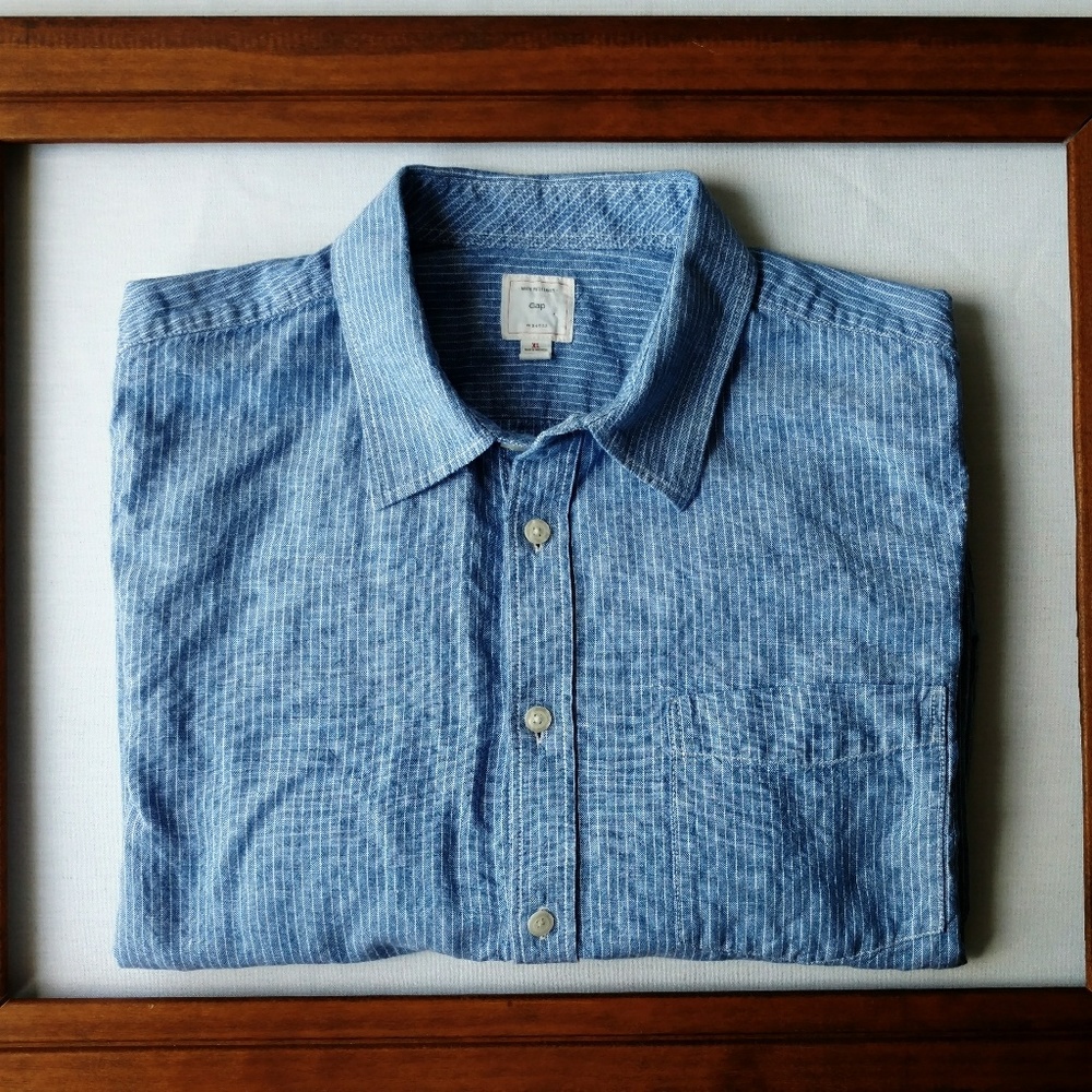 Gap men's, blue, striped, linen shirt (size XL)