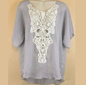Gray Chiffon Flowy Top Crochet S M Boho Sheer