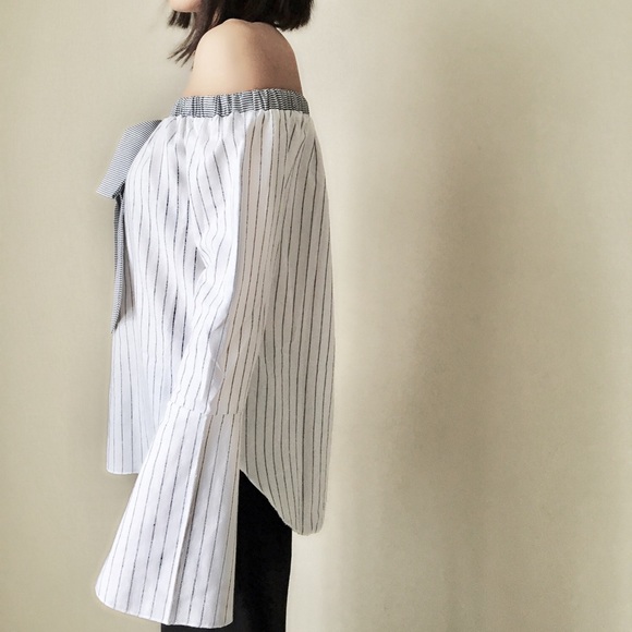 MANGO POPLIN off shoulder ribbon tie shirt blouse - Picture 3 of 4