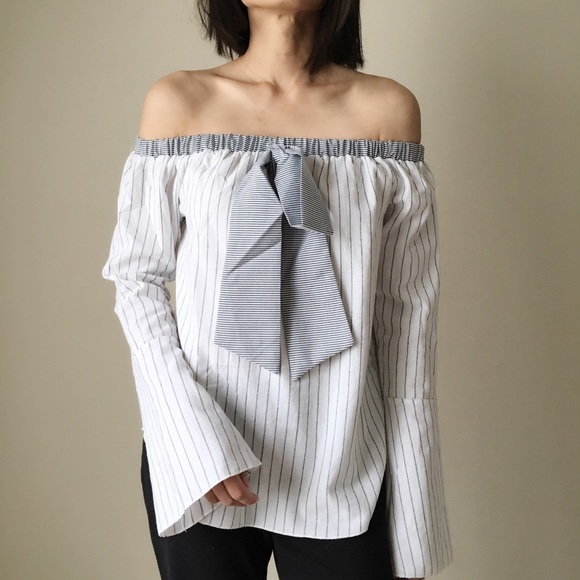 MANGO POPLIN off shoulder ribbon tie shirt blouse - Picture 4 of 4