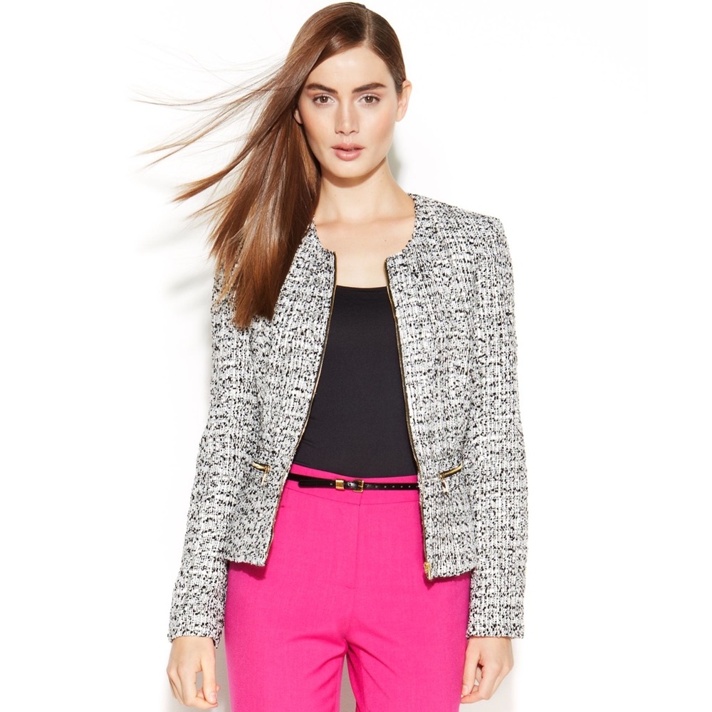 {Calvin Klein} Boucle Tweed Zip Blazer Career
