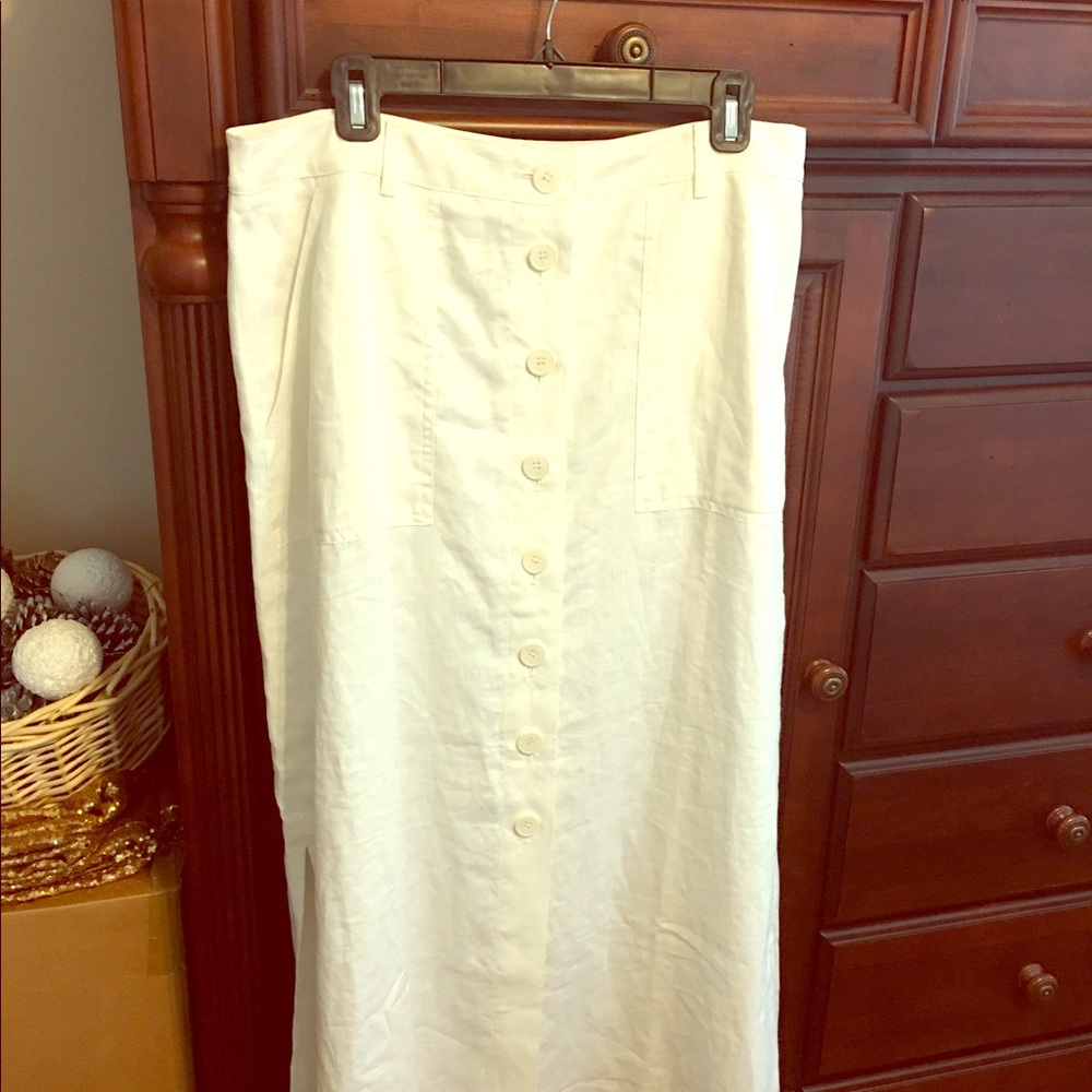 White linen button front maxi skirt with pockets