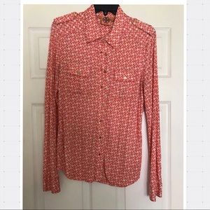 Tory Burch Blouse Sz L Coral White  Silk