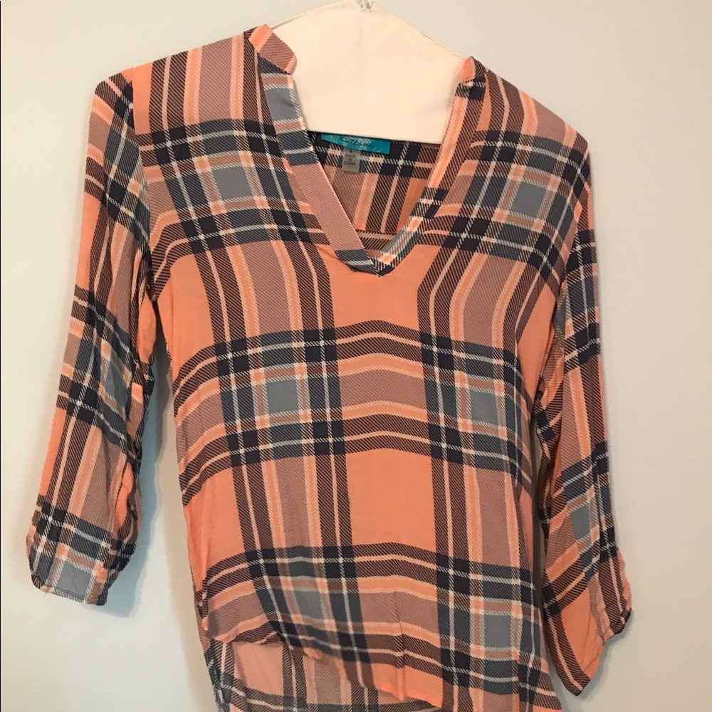 Pink and blue flannel print blouse from Francescas
