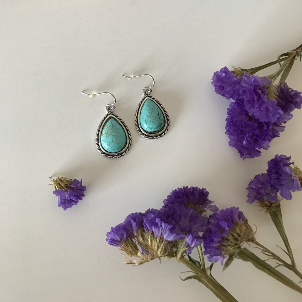 Teardrop Natural Turquoise Stone + Silver Cable Drop Earrings