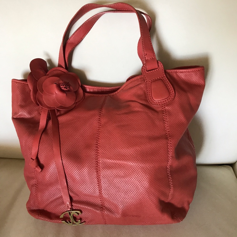 Just Cavalli Salmon Leather Tote Handbag
