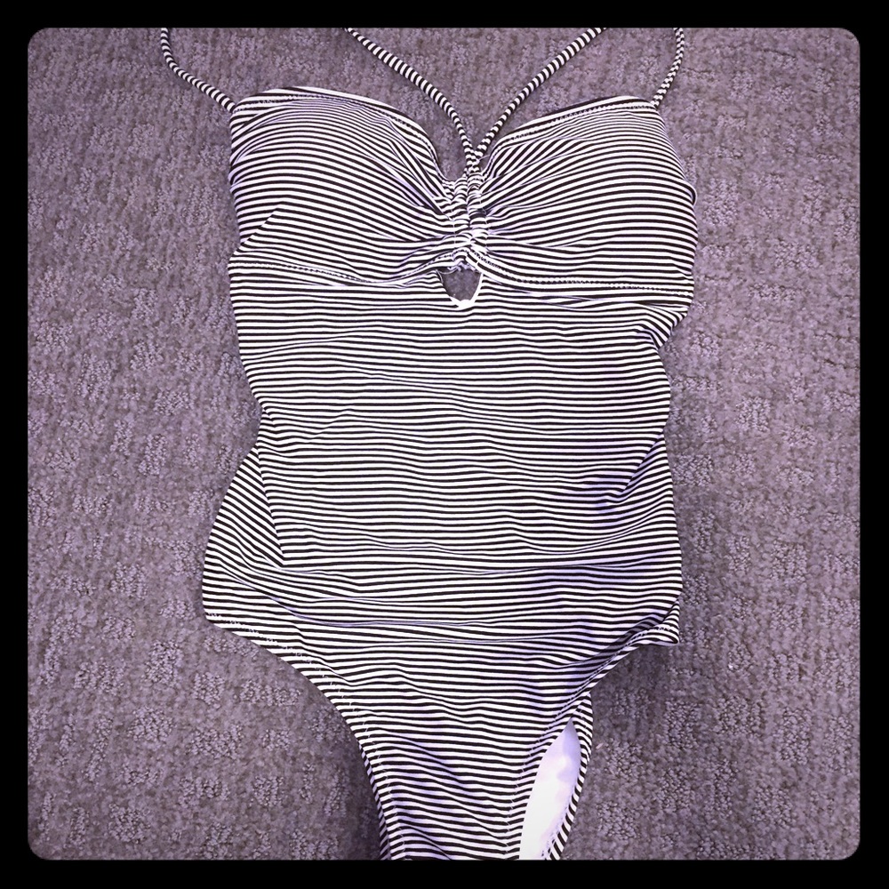 Black and white striped one piece swimming suit