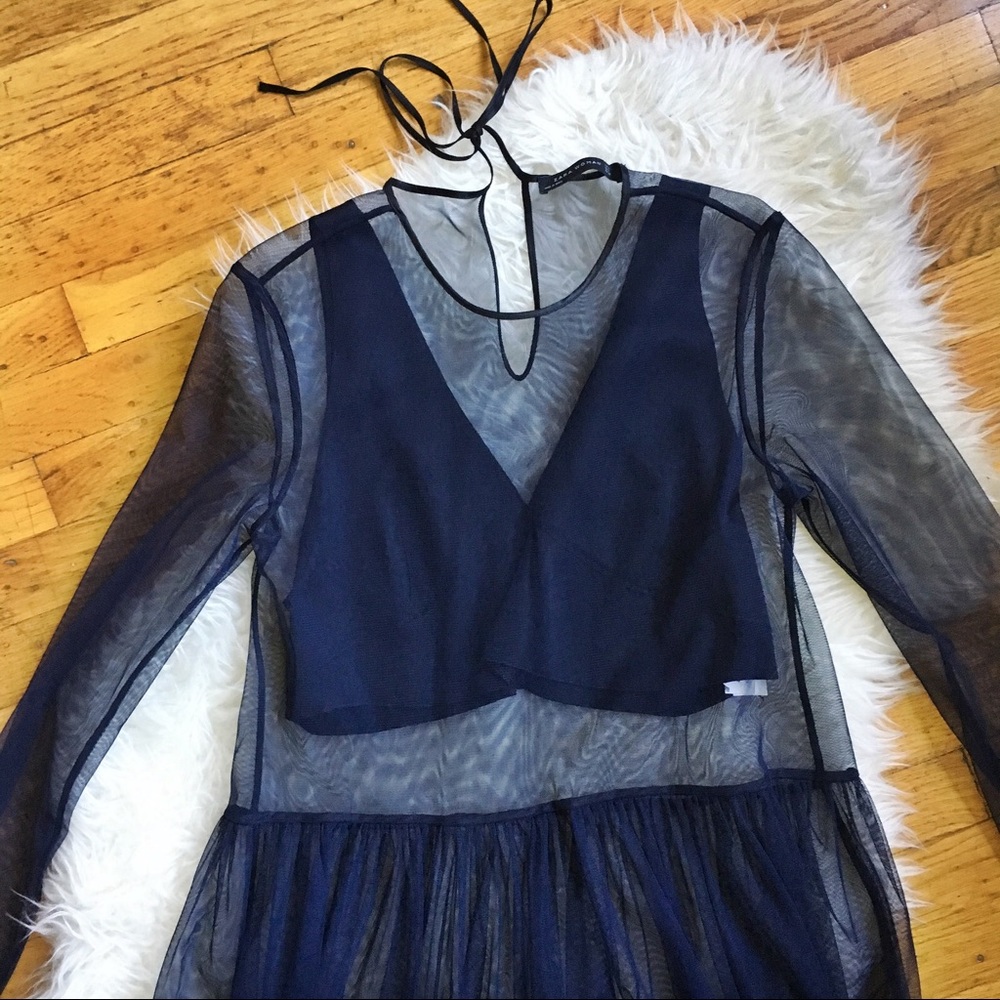ZARA Navy Mesh Dress with Attached Crop Top