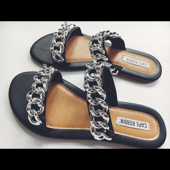 🆕Sofia Black & Silver Chain Link Slides Sandals - Picture 6 of 8
