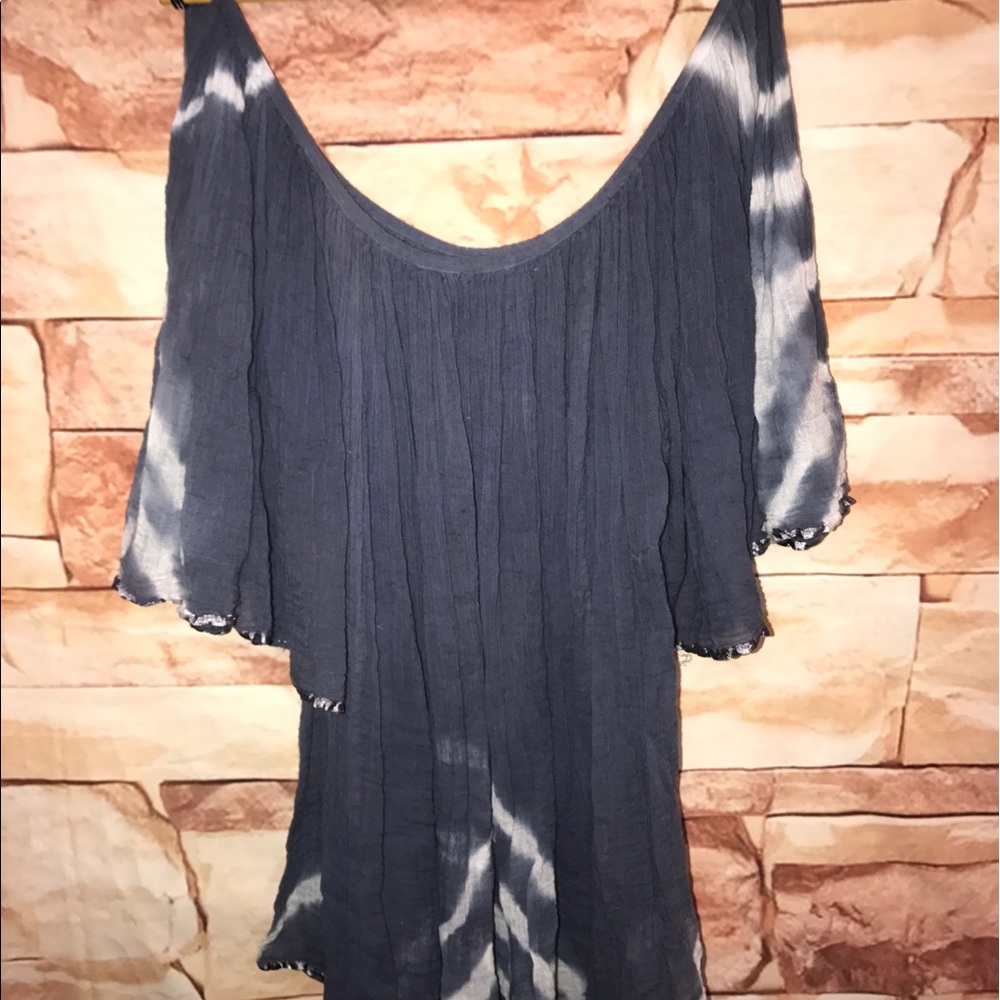 Blue tie dye peasant style open shoulder Blouse S