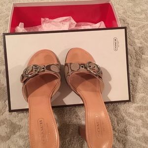 COACH tan monogram clogs